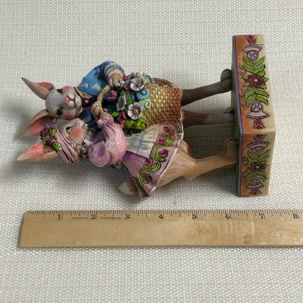 Jim Shore Pink & Blue Bunny Couple with Flower Basket Figurine - Picture 4 of 6